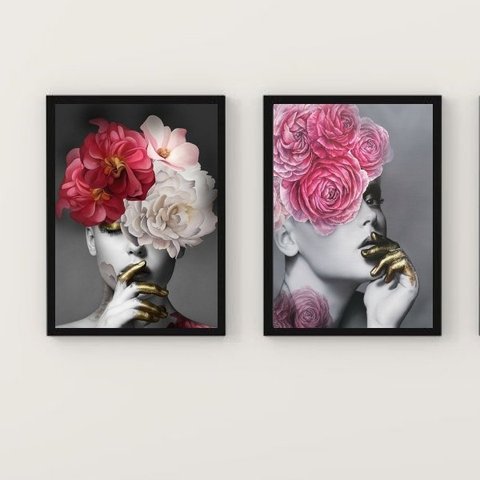 Kit 2 Quadros Mulher E Flores Rosas Com Dourado 24x18cm:Madeira branca