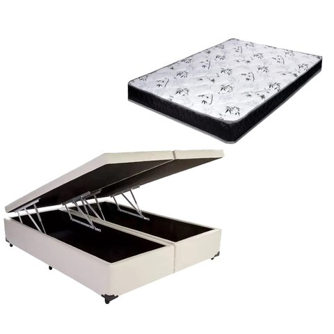 Cama Box Baú Casal Bi-Partido Green Bege + Colchão Espuma D33 138x188x12