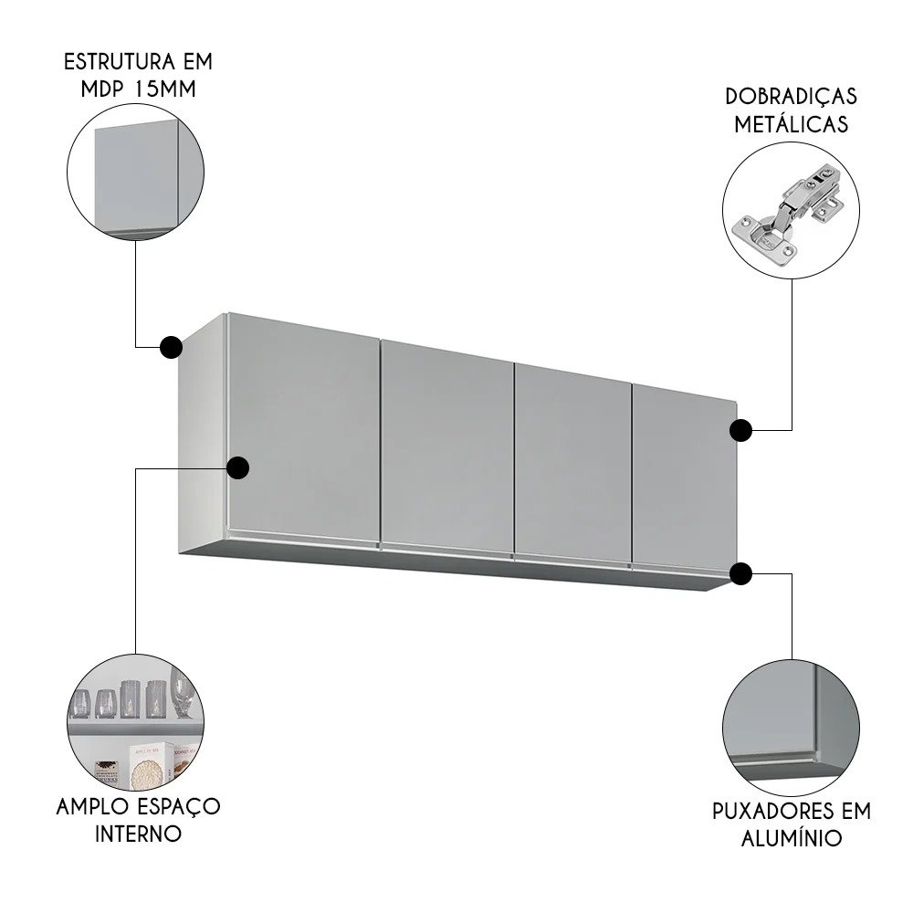 Armário de Cozinha Aéreo 160cm 4 Portas Nevada Cinza Claro - Lumil Lumil Móveis - 2