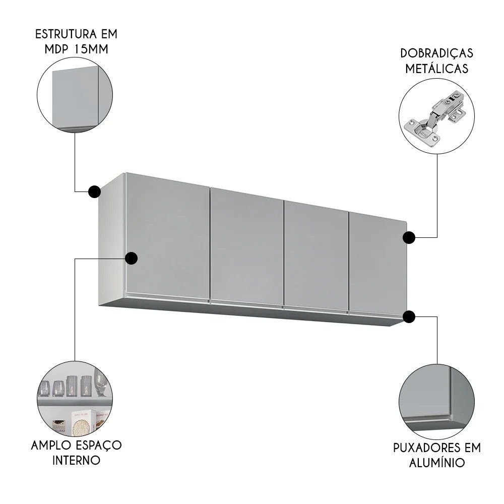 Ver imagem 3 de Armário de Cozinha Aéreo 160cm 4 Portas Nevada Cinza Claro - Lumil Lumil Móveis
