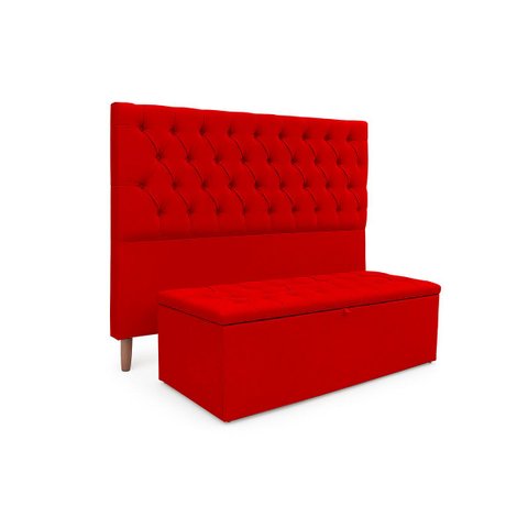 Kit Cabeceira com Baú Mirage Capitonê 160 cm Suede Vermelho- Biselo'S Decor