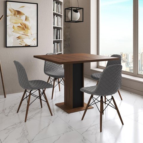 Mesa Jantar Londres Quadrada Amêndoa 90cm Base Preta 4 Cadeiras Eames Estofadas Grafite Madeira
