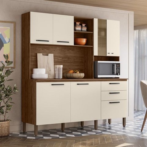 Cozinha Compacta com Tampo 182 Cm Mega Nogueira Off White Ktp