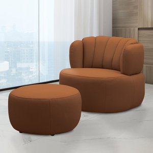 Conjunto Sala de Estar Decorativo Mariele Poltrona Base Giratória em Aço com Puff Couro Conhaque G88
