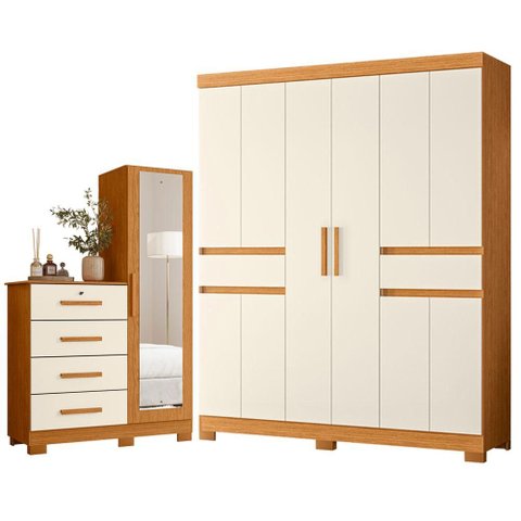 Guarda Roupa Casal Olimpia 10 Portas e Cômoda Belize Plus Cinamomo Off White - Móveis Albatroz