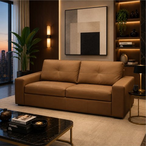 Sofá 3 Lugares Couro Bourbon Nobre Legitimo 235cm Natural Premium Adel Dekorien