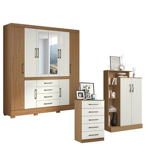 Guarda Roupa Casal Nápole 2045149 com Armário Multiuso Florença 2000199 e Cômoda 5 Gavetas 2014140 a