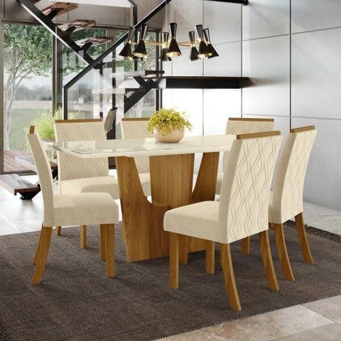Conjunto Sala de Jantar Mesa e 6 Cadeiras Kaciane Marrom/Nature/Off White/Linho