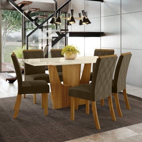 Conjunto Sala de Jantar Mesa 6 Cadeiras Kaciane Bege/Nature/Off White