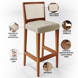 Kit 03 Banquetas Alta Para Cozinha Sala de Jantar Fixa Telado Branco Zion L02 Facto Dunas - 4