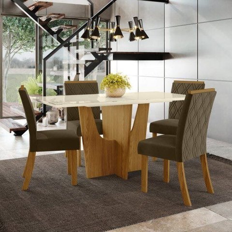 Conjunto Sala de Jantar Mesa e 4 Cadeiras Kaciane Bege/Nature/Off White