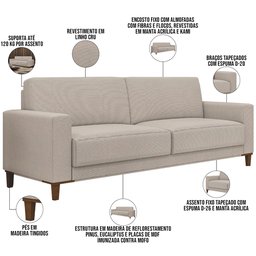 Kit Sofá 3 Lugares 214cm com 02 Poltronas Decorativas Viso M03 Linho Cru - Lyam Decor - 3