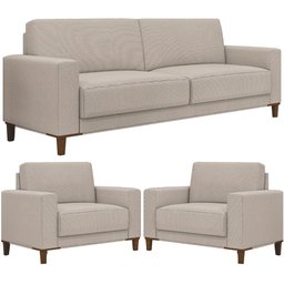 Kit Sofá 3 Lugares 214cm com 02 Poltronas Decorativas Viso M03 Linho Cru - Lyam Decor - 1