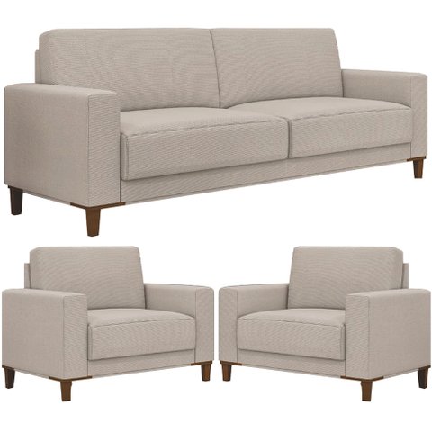 Kit Sofá 3 Lugares 214cm com 02 Poltronas Decorativas Viso M03 Linho Cru - Lyam Decor