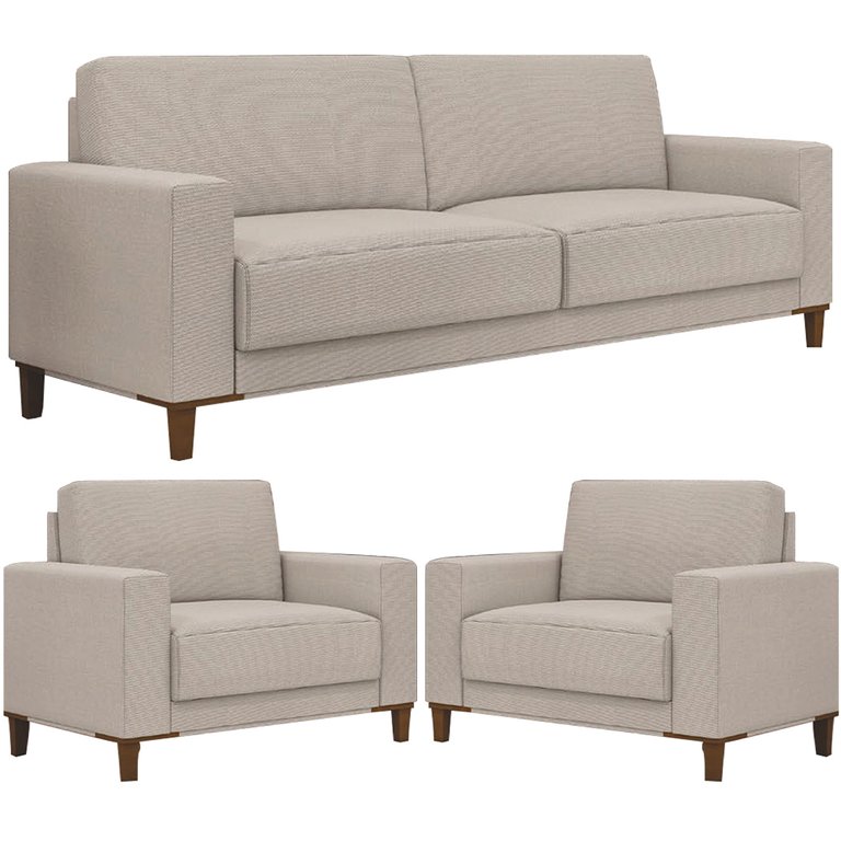 Kit Sofá 3 Lugares 214cm com 02 Poltronas Decorativas Viso M03 Linho Cru - Lyam Decor Kit Sofá 3 Lugares 214cm com 02 Poltronas Decorativas Viso M03 Linho Cru - Lyam Decor