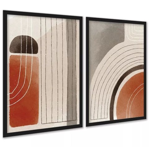 Kit 2 Quadros Elegantes Abstratos Linhas Bege Terracota 33x24cm - com Vidro:moldura Preta