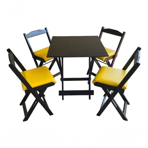 Conjunto Mesa Dobrável com 4 Cadeiras Preto Estofado Amarelo
