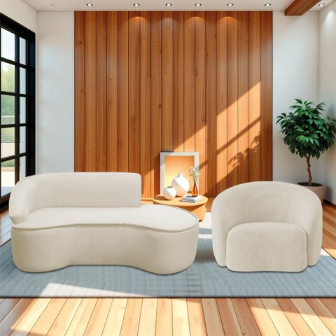 Kit Divã Recamier Orgânico Marrocos 160cm Lado Direito e 1 Poltronas Amore Bouclé