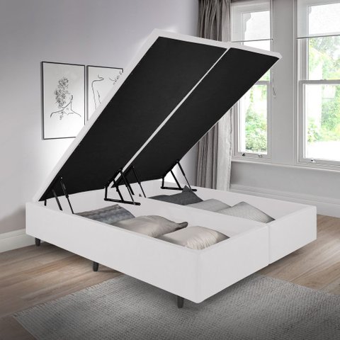 Cama Box com Baú Queen 158x198x42 Cm com Pistão a Gás Courino Linho