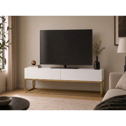Rack Eros 140cm Off White Pés de Ferro Preto Ideal para TV até 50