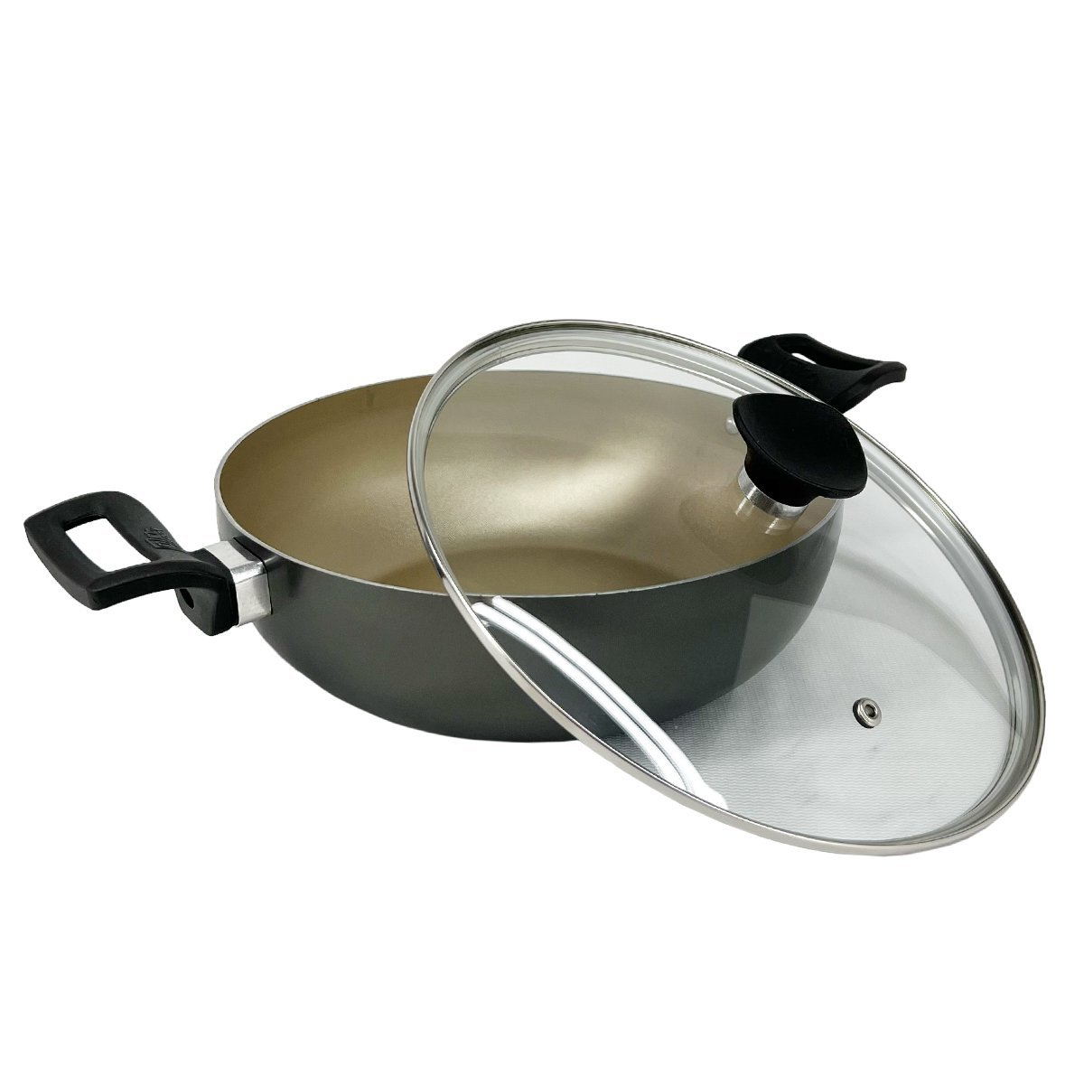 Panela Frigideira Caçarola Tampa de Vidro WOK 24 cm Antiaderente Alumínio - Dourado - 4