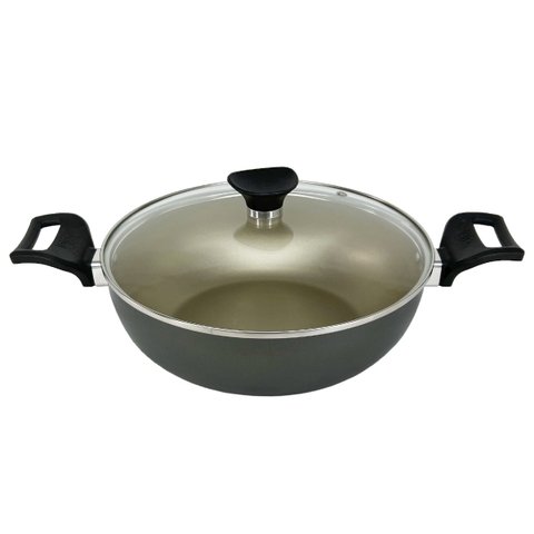 Panela Frigideira Caçarola Tampa de Vidro WOK 24 cm Antiaderente Alumínio - Dourado