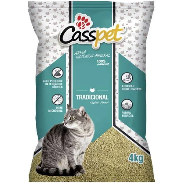 Areia Higiênica Mineral Tradicional para Gatos Grãos Finos 4kg - Casspet - 1