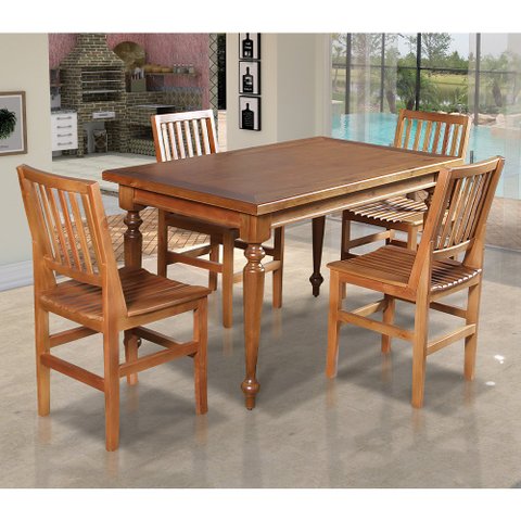 Conjunto Jantar Mesa Madeira Maciça Rústica Franscisca 140x80 com 4 Cadeiras Ripada Confort Castanho