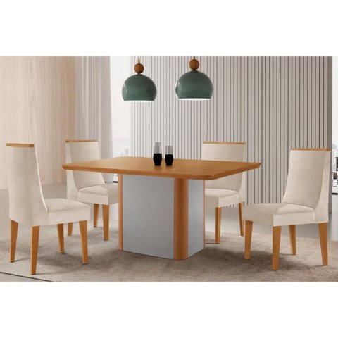 Sala Jantar Mesa Pietá Tampo Curvo 120cm+4 Cadeiras Dakota Madeira Naturale/off White - Capuccino/