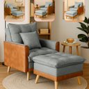 Ver imagem 3 de Poltrona Sofá Reclinável Londres com Puff Banqueta Almofadado Corino Nozes e Linho Cinza - Arkell