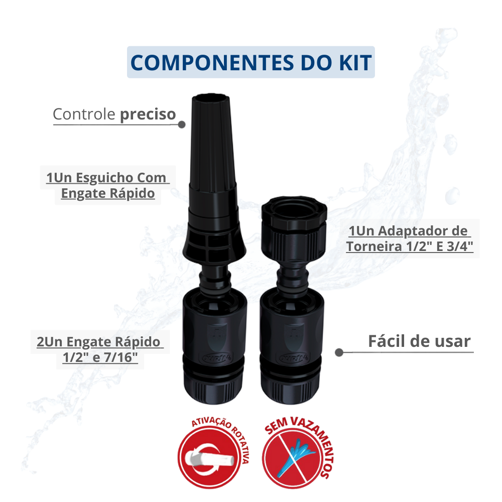 Kit Esguicho com Engate Rápido e Adaptador de Torneira 1/2" e 3/4" para Engate Rápido Preto Durín - 2