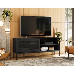 Rack Industrial para Sala de Estar Tv 55 Polegadas Palha Buriti - Preto Acetinado - 1