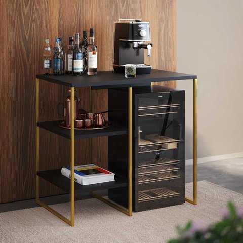 Aparador Adega Industrial Bar Barzinho Bourbon Aço Dourado e Preto 80 Cm