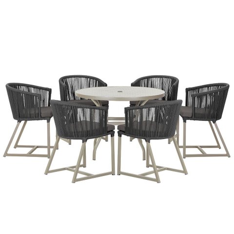 Mesa com 6 Cadeiras de Jantar Roma 120cm e Noronha em Alumínio Fendi Corda Náutica Estofado 11 Trama