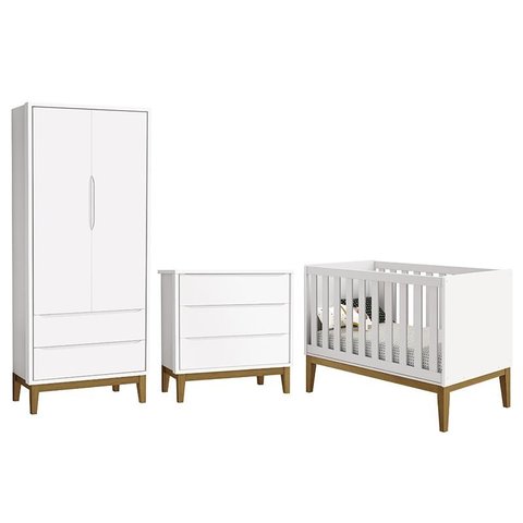 Dormitório Infantil Classic 2 Portas, Cômoda 3 Gavetas e Berço Branco Fosco com Pés Amadeirado - Rel