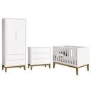 Ver imagem 1 de Dormitório Infantil Classic 2 Portas, Cômoda 3 Gavetas e Berço Branco Fosco com Pés Amadeirado - Rel