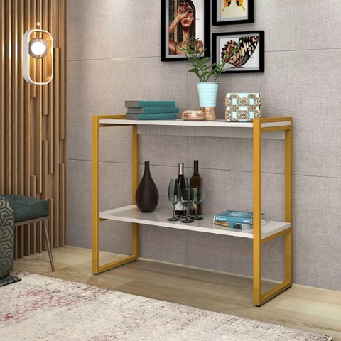 Aparador Industrial Ísis Base Aço Dourado 2 Prateleiras MDF Base Dourada/Off White
