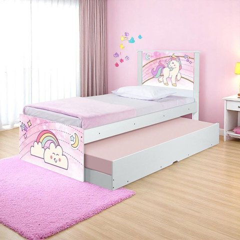 Cama Solteiro Infantil com Cama Auxiliar 195x96cm Personagens Unicórnio K02 - D’Rossi