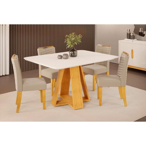 Conjunto: Mesa Sala Jantar Celeste C/ Tampo Madeirado C/ Vidro Curvo 120x90cm e 4 Cadeiras Julia