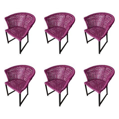Kit 6 Cadeiras Salinas Corda Náutica Base em Alumínio Preto/rosa
