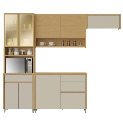 Armário de Cozinha Completa 100% Mdf 8 Portas 4 Gavetas Cléo Madeirado/off White Nesher Madeirado/