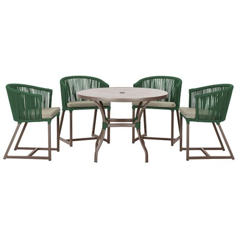 Mesa com 4 Cadeiras de Jantar Roma 100cm e Noronha em Aluminío Marrom Corda Nautica Estofado 8 Trama