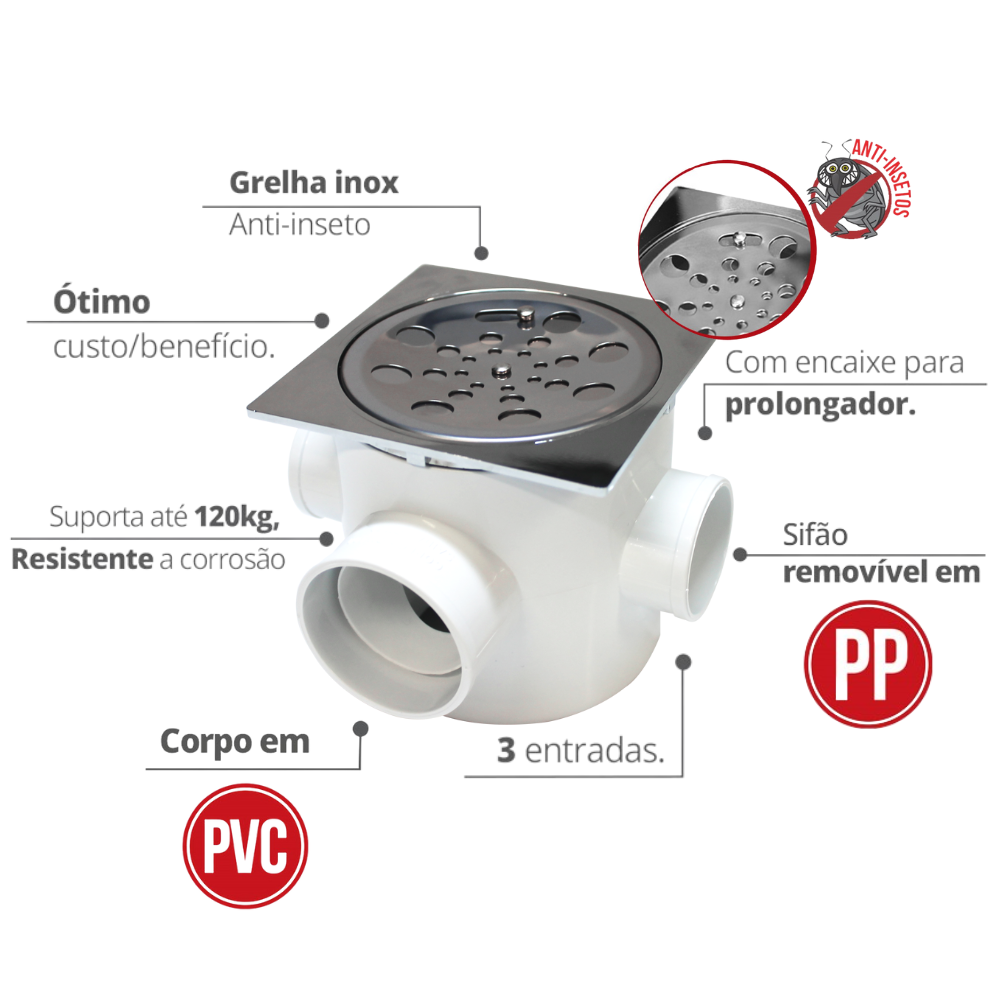 Caixa Sifonada Quadrada com Grelha Inox Anti-insetos 100 X 100 X 50mm Durín - 2