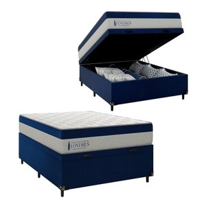 Cama Box Baú Viúva + Colchão Londres Molas Ensacadas Pocket - 74x128x188cm - Suede Veludo Azul