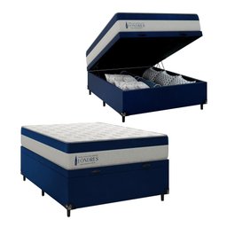Cama Box Baú Viúva + Colchão Londres Molas Ensacadas Pocket - 74x128x188cm - Suede Veludo Azul - 1