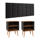 Ver imagem 1 de Jogo Quarto 2 Mesinhas Apoio Prateleira Retrô Cabeceira Modular Estofado Cama Casal 1,4 Preto/freijó