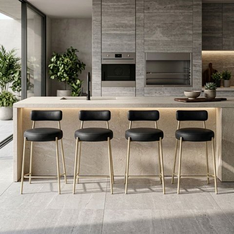 Banqueta Cozinha Média com Encosto Industrial Champanhe Kit 4 Londres PU D03 - D'Rossi