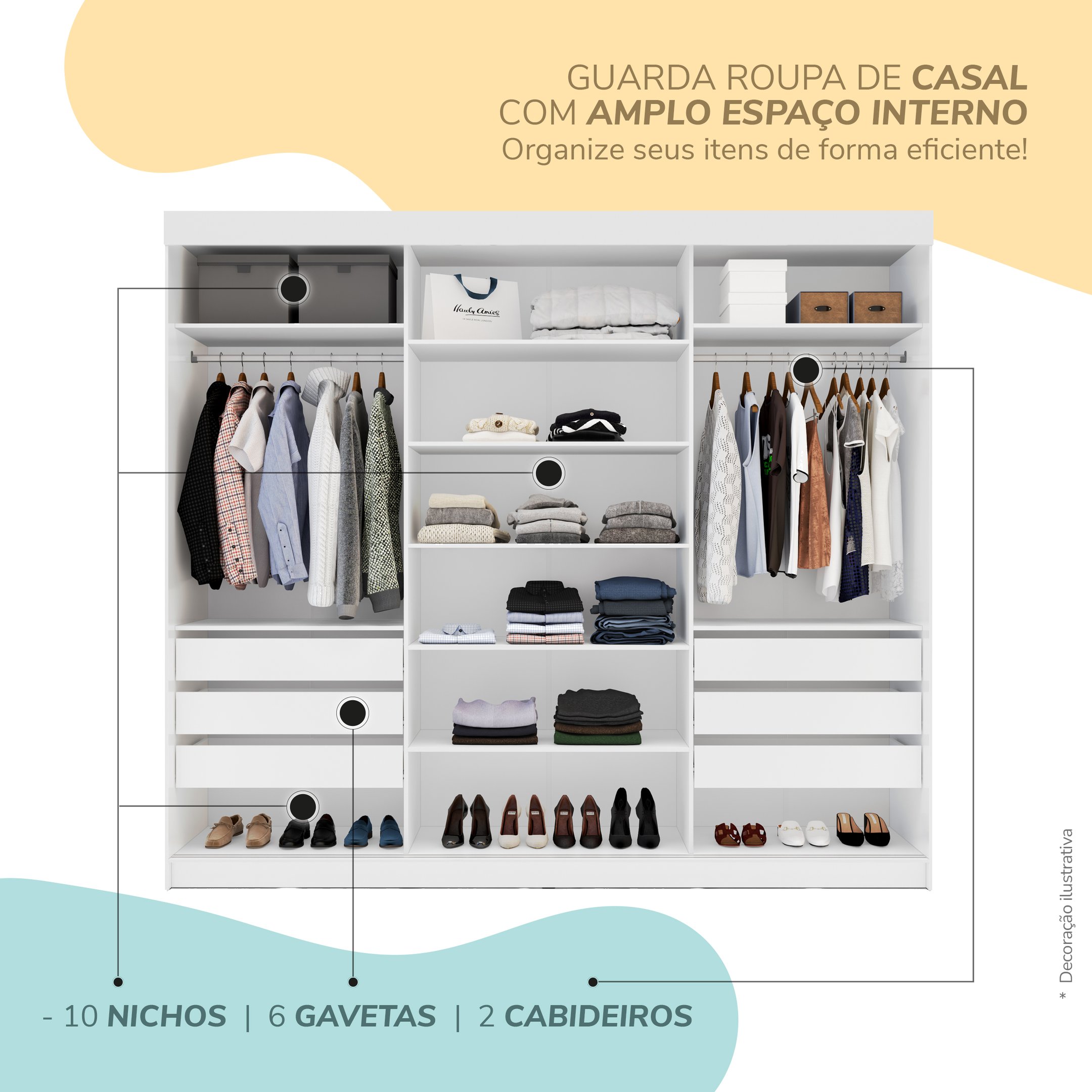 Guarda-Roupa Casal 3 Portas 1 Porta Espelho 6 Gavetas Grajaú Yescasa - 4