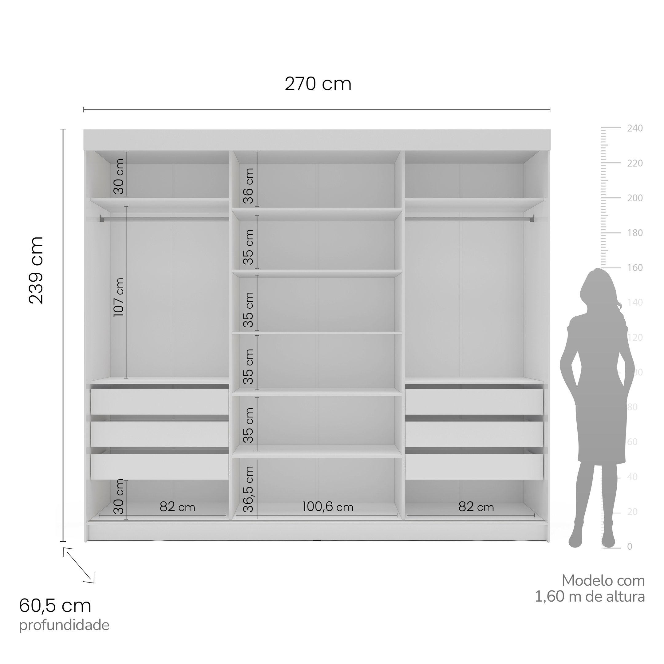 Guarda-Roupa Casal 3 Portas 1 Porta Espelho 6 Gavetas Grajaú Yescasa - 3