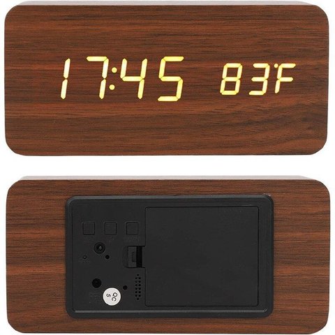 Relógio de Madeira Despertador Led com Controle de Voz Data Hora Temperatura Led 3 Alarmes Sensor Li